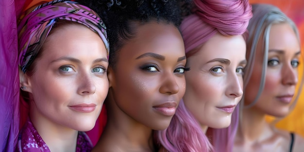 Foto mulheres diversas de diferentes idades e etnias em um retrato composto em um fundo colorido conceito de retrato fotografia diversidade fundo colorido mulheres retrato composto