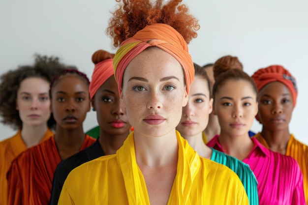 Foto mulheres diversas em vestidos coloridos de arco-íris vibrantes uma variedade de mulheres posando com confiança