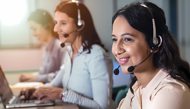 Foto mulheres do call center sorriam trabalhando e prestando serviço com cortesia