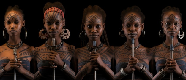 Foto mulheres do sexo feminino da áfrica com cosméticos de maquiagem de tatuagens culturais e arma de lança de pedra de madeira