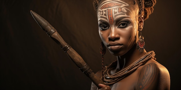 Mulheres do sexo feminino da África com cosméticos de maquiagem de tatuagens culturais e arma de lança de pedra de madeira