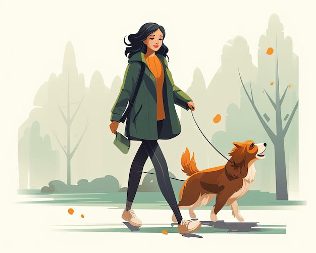 mulheres e cães caminhando ilustração de desenho animado vetor no estilo de laranja escuro e esmeralda clara