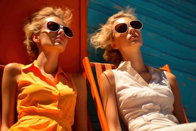 Mulheres elegantes relaxando com óculos de sol e roupas de verão