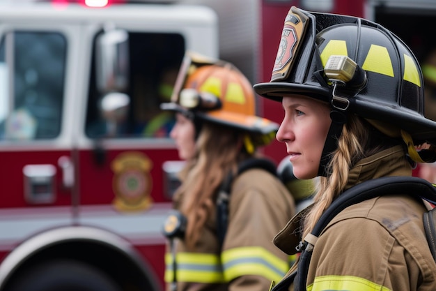 Mulheres em equipamento de bombeiro na frente de um caminhão de bombeiros