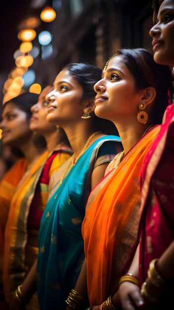 Mulheres em lindos saris durante as celebrações do Diwali