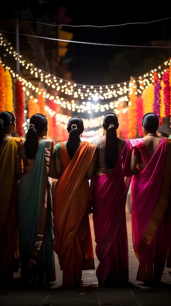 Mulheres em lindos saris durante as celebrações do Diwali