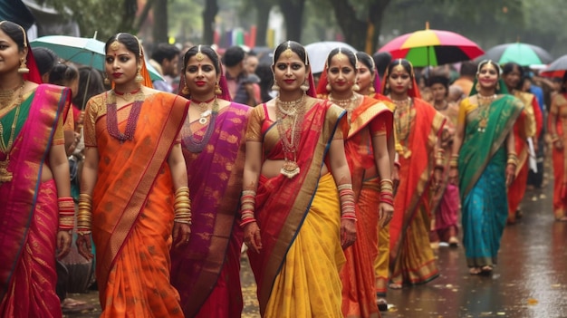 Mulheres em saris são vistas caminhando em um desfile.