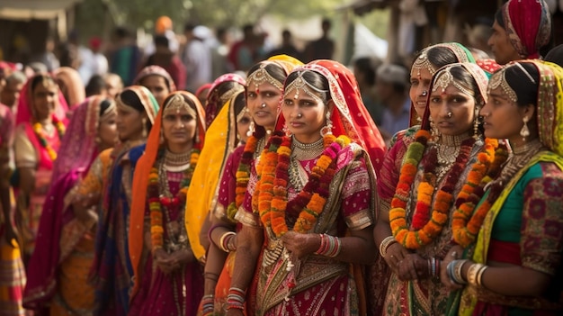 Mulheres em saris tradicionais se alinham para uma cerimônia de casamento.