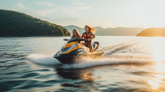 Mulheres em trajes de banho de moda deslizam pela água em jet skis com o sol se refletindo em seus trajes elegantes e a brisa beijando sua pele gerada pela IA