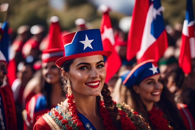 Mulheres em um desfile usando um chapéu com as estrelas neles