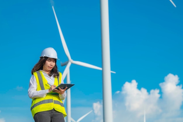 Mulheres engenheiras trabalhando e segurando o relatório na estação geradora de energia da fazenda de turbinas eólicas na montanhatailândia