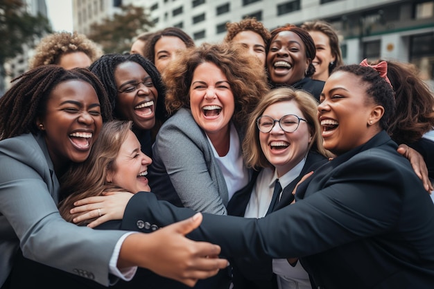 Mulheres executivas multiculturais de terno, rindo e se abraçando em prol do sucesso e do empoderamento nas ruas