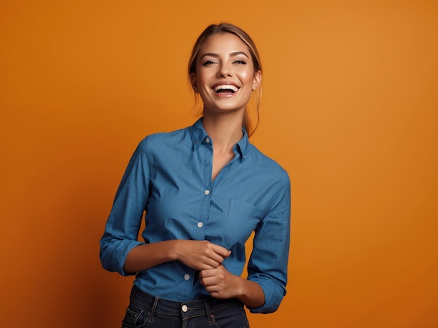 mulheres felizes com camisa azul em fundo laranja Gererative ai