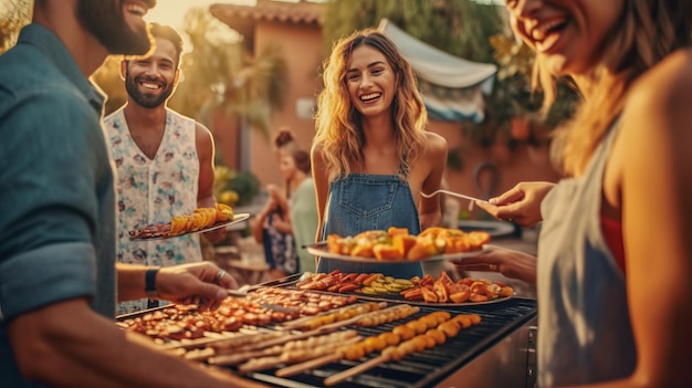 mulheres felizes e amigos homens grelham churrasco durante festa no quintal