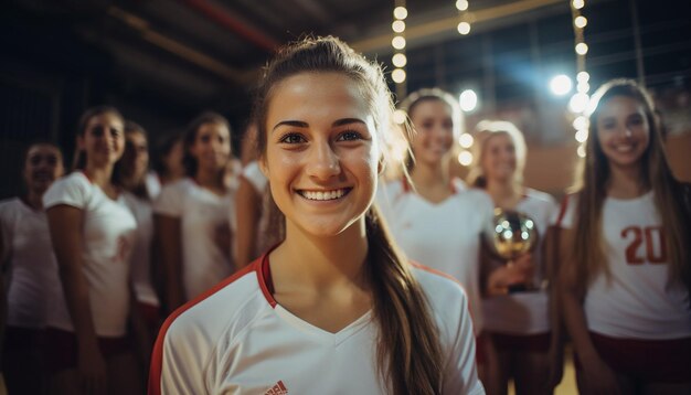 mulheres felizes em vôlei vestem posando na quadra de vôlei o capitão segura um troféu