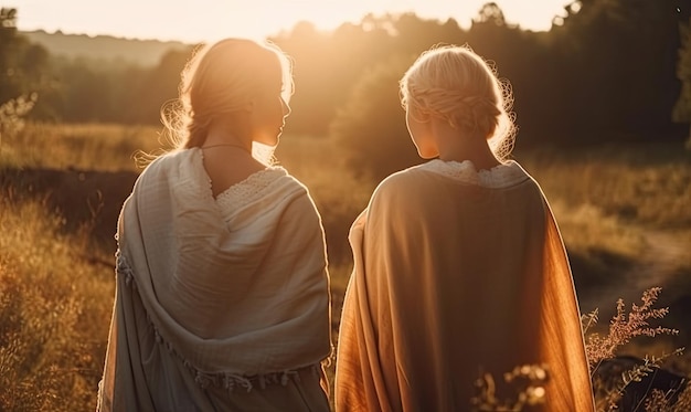 Mulheres felizes livres iluminadas pelo sol da noite o conceito de liberdade IA generativa