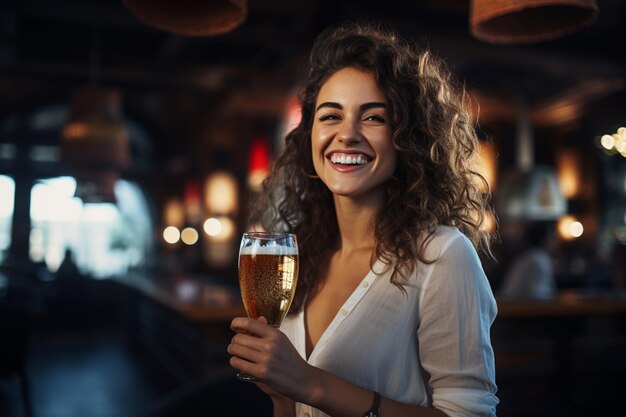 Foto mulheres felizes segurando uma cerveja no balcão do bar fundo de estilo bokeh