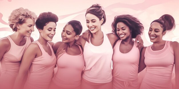 Foto mulheres felizes vestindo rosa para câncer de mama