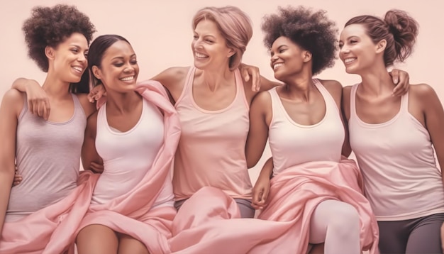 Mulheres felizes vestindo rosa para câncer de mama