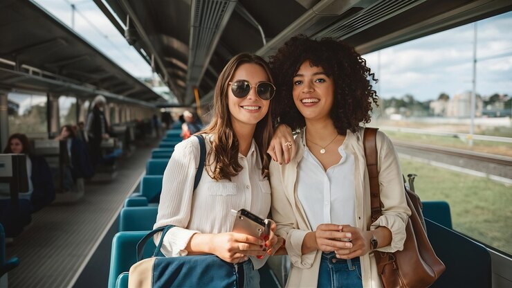 Foto mulheres felizes viajando de trem ideias de viagens de férias