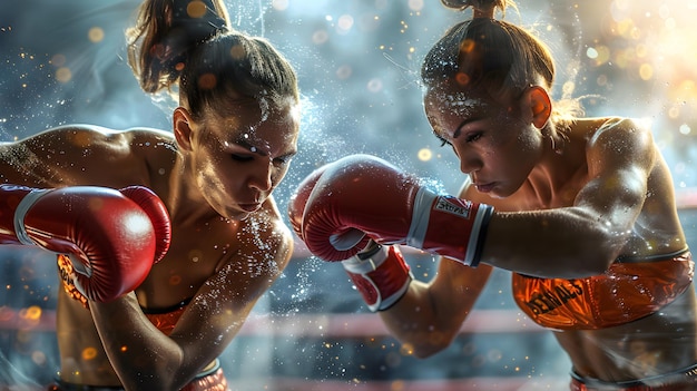 Foto mulheres ferozes duas boxeadoras competindo no ringue mostrando força determinação e atletismo