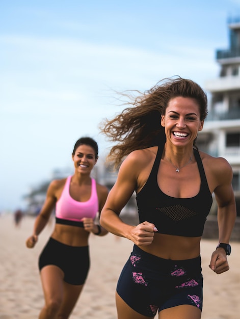 mulheres fitness correndo na praia