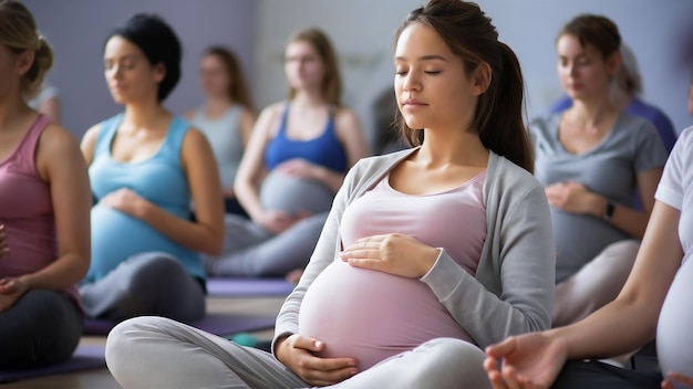 Mulheres grávidas fazendo meditação de ioga pré-natal