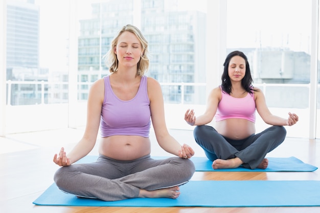 Mulheres grávidas relaxadas na aula de ioga em pose de lótus