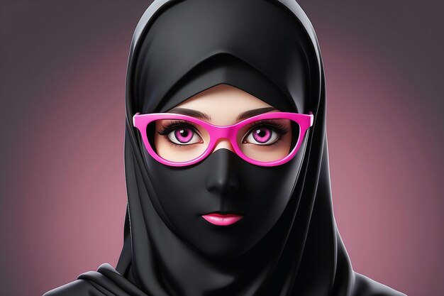 Foto mulheres hijab syari em 3d com óculos rosa e niqab de cor preta bom para ramadan ou tema de design islâmico