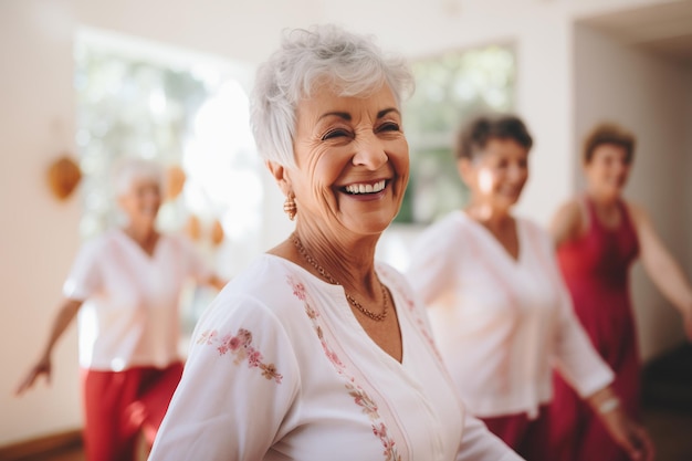 Mulheres idosas animadas expressando vitalidade através da dança na aposentadoria