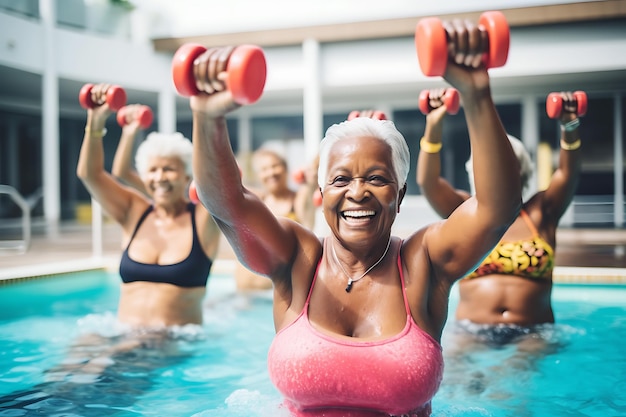 Mulheres idosas fazem aeróbica aquática na piscina ao ar livre em foco mulher afro-americana mais velha feliz