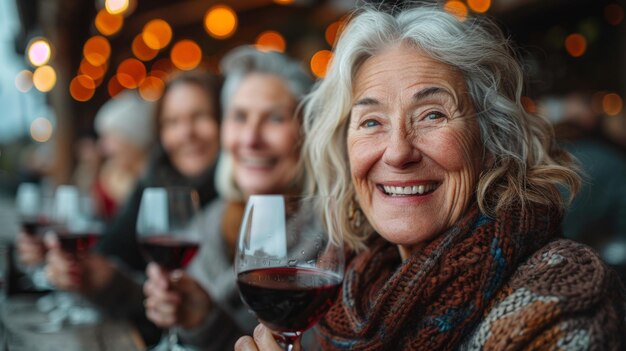 Mulheres idosas felizes desfrutando de vinho vermelho em um bar aconchegante