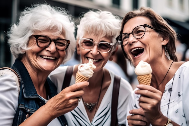 Mulheres idosas felizes em óculos comendo sorvete enquanto caminhavam na cidade Generative AI