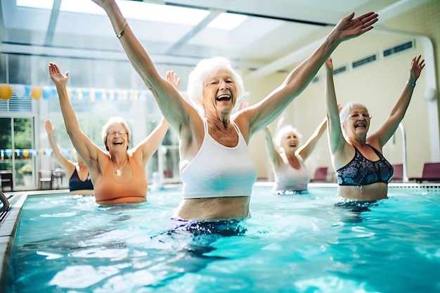 Mulheres idosas felizes fazem aqua aerobics na piscina coberta. Mulheres olham para o instrutor.