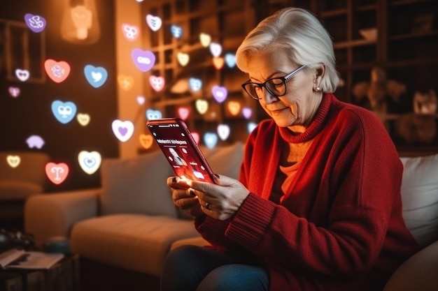 Mulheres idosas ou mulheres idosas começam a praticar o uso de mídias sociais e a aprender sobre tecnologia e mídias sociais usando laptop ou telefone e tablet em casa