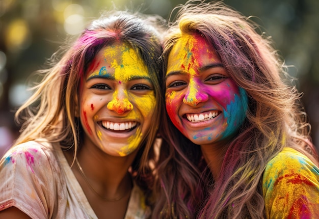 Mulheres indianas com rosto de cor Holi