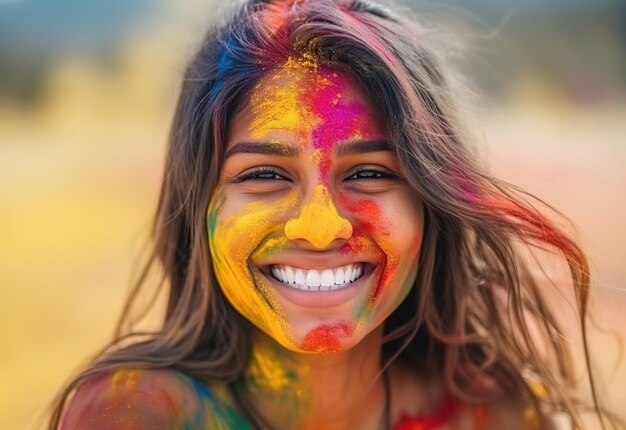 Mulheres indianas com rosto de cor Holi