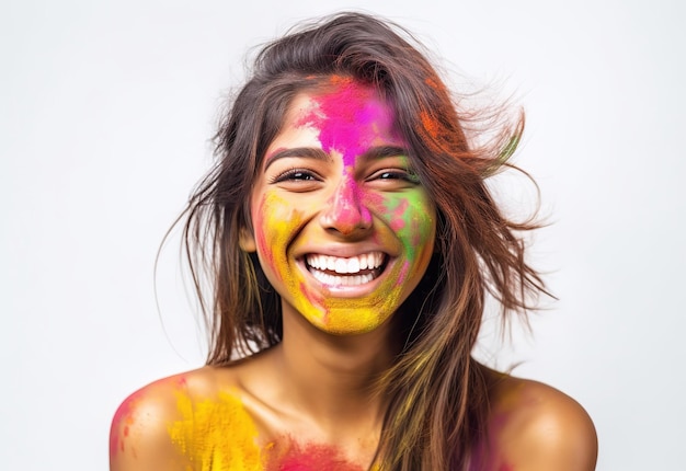 Foto mulheres indianas com rosto de cor holi