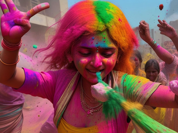 Mulheres indianas jogando pó Holi colorido
