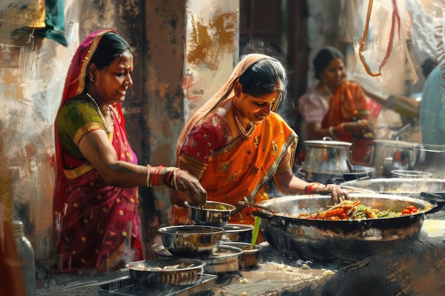 Mulheres indianas sorridente e felizes cozinhando na cozinha