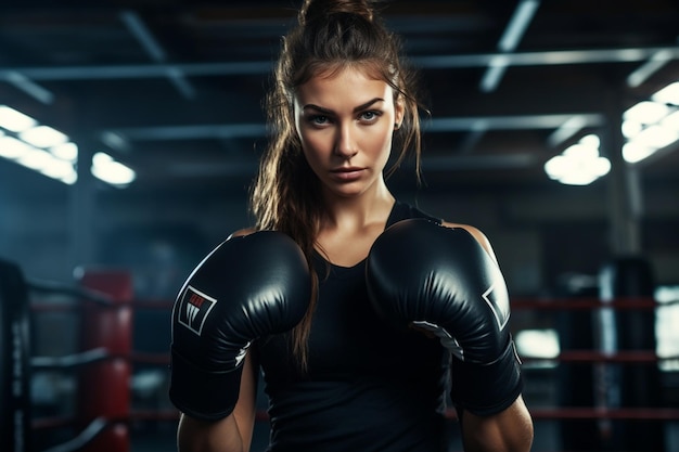 Mulheres iniciantes em boxe numa sala de ginástica, uma senhora de roupas desportivas pretas.