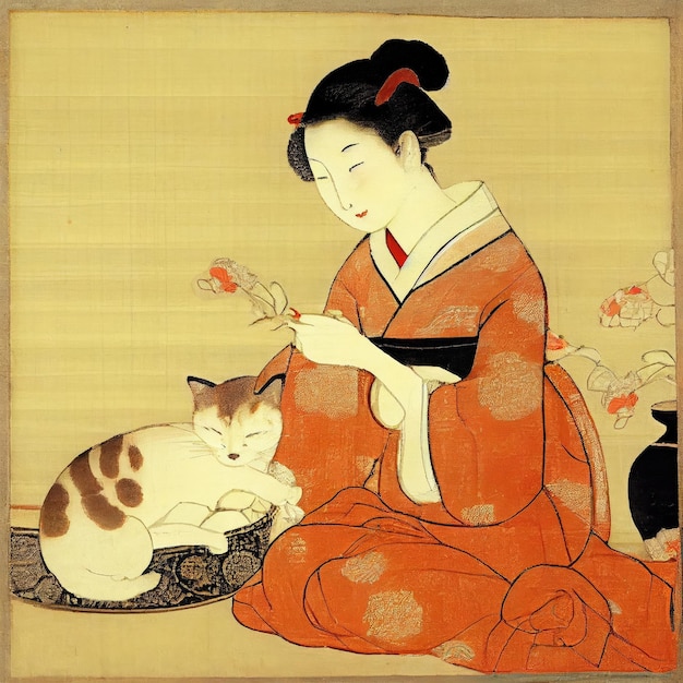 Mulheres japonesas tradicionais em quimono com gueixa de gato acariciando ilustração de IA generativa de gato