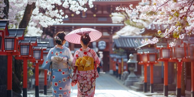 Mulheres japonesas vestindo trajes de Yukata caminham perto do Santuário durante o pico da temporada de flores de cerejeira