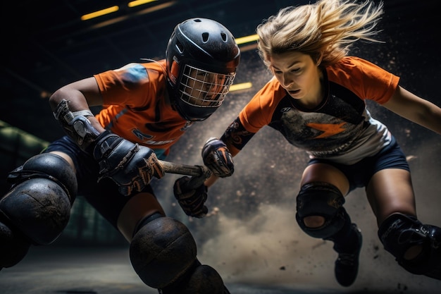 Mulheres jogando jogo de hóquei no gelo Esporte competitivo e trabalho em equipe em ação Roller derby partida com intensa ação competitiva AI Gerado