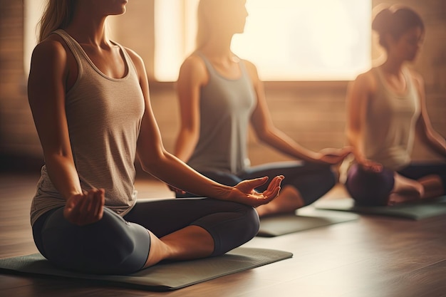 Mulheres jovens atraentes em roupas desportivas estão a praticar ioga no ginásio. Estão sentadas na posição do lótus e a meditar. Grupo de mulheres a fazer exercício e sentadas no lótus do ioga.