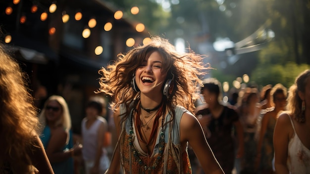 Mulheres jovens com amigos desfrutando de um concerto ao ar livre à luz da tarde