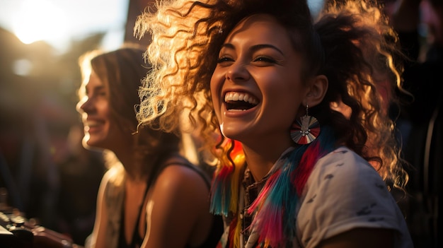 Mulheres jovens com amigos desfrutando de um concerto ao ar livre à luz da tarde