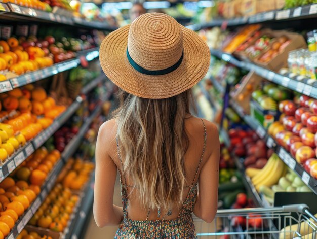 Mulheres jovens compram frutas em lojas de frutas