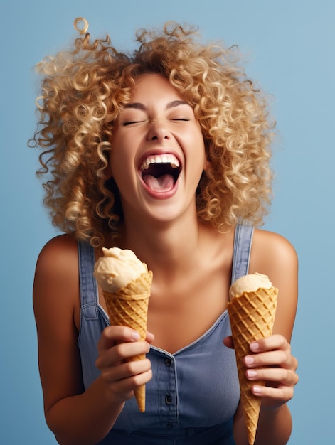 Mulheres jovens de lado com cabelos ao vento lambendo de brincadeira uma bola azul de sorvete em cima de um waffle