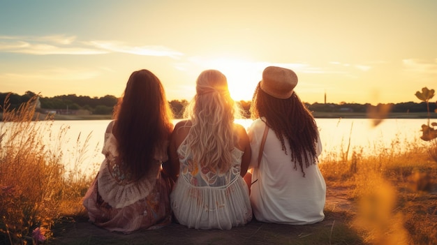 Mulheres jovens desfrutando de um pôr-do-sol de verão ao lado do rio